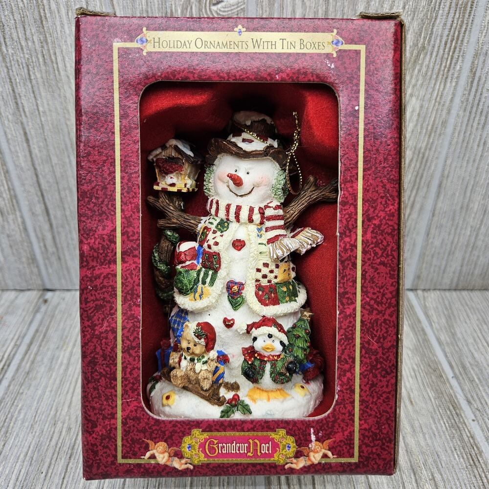 Grandeur‎ Noel Holiday Snowman Ornament Tin Box Polyresin 4" Christmas New Gift